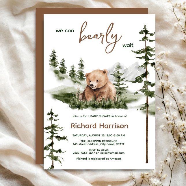 Convite Podemos esperar o chá de fraldas (Bearly wait cute watercolor forest baby shower invitation )