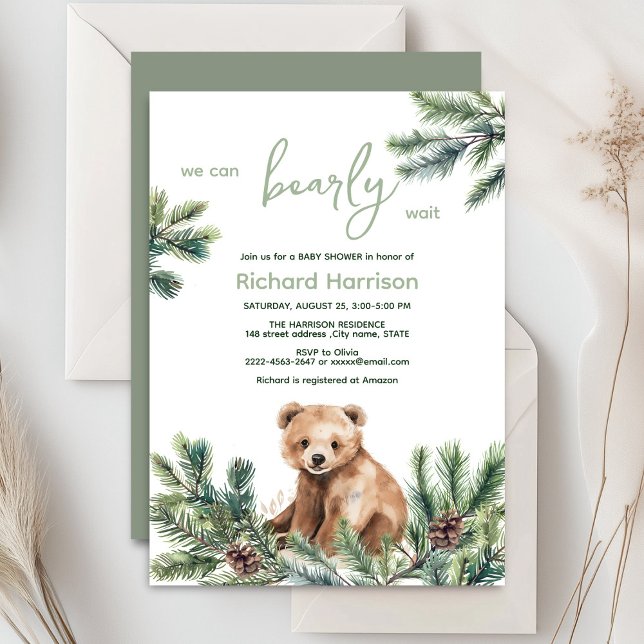 Convite Podemos esperar o chá de fraldas (Bearly wait cute watercolor forest baby shower invitation )