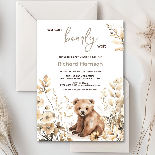 Convite Podemos esperar o chá de fraldas (Cute watercolor forest bear with rustic beige flowers baby shower invitation)