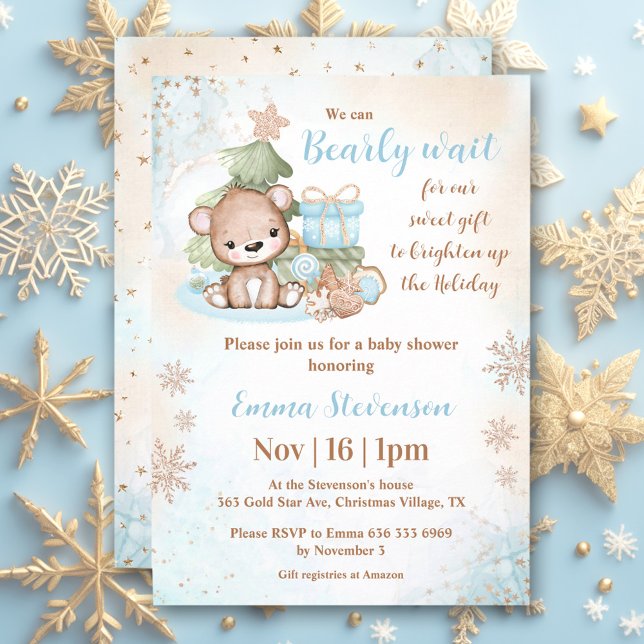 Convite Podemos Esperar O Chá de fraldas Azul Do Bear De N (We Can Bearly Wait Christmas Bear Blue Baby Shower Invitation)