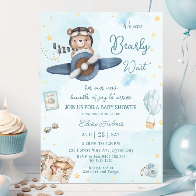 Convite Podemos Esperar O Chá de fraldas Do Bear Blue Plan (aviation-cute-bear-riding-a-blue-plane-boy-baby-shower-we-can-bearly-wait-adventure-invitation-cards)