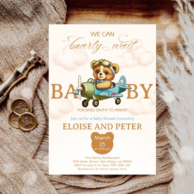 Convite Podemos esperar o chá de fraldas do Piloto Teddy B (We can bearly wait Pilot Teddy Bear baby shower Invitation)