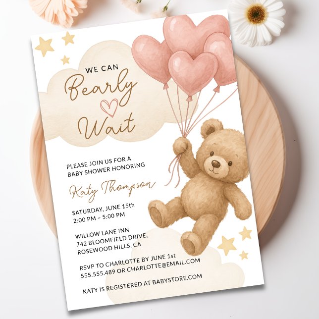 Convite Podemos Esperar O Chá de fraldas Do Urso De Teddy (We Can Bearly Wait Teddy Bear Girl Baby Shower Invitation)