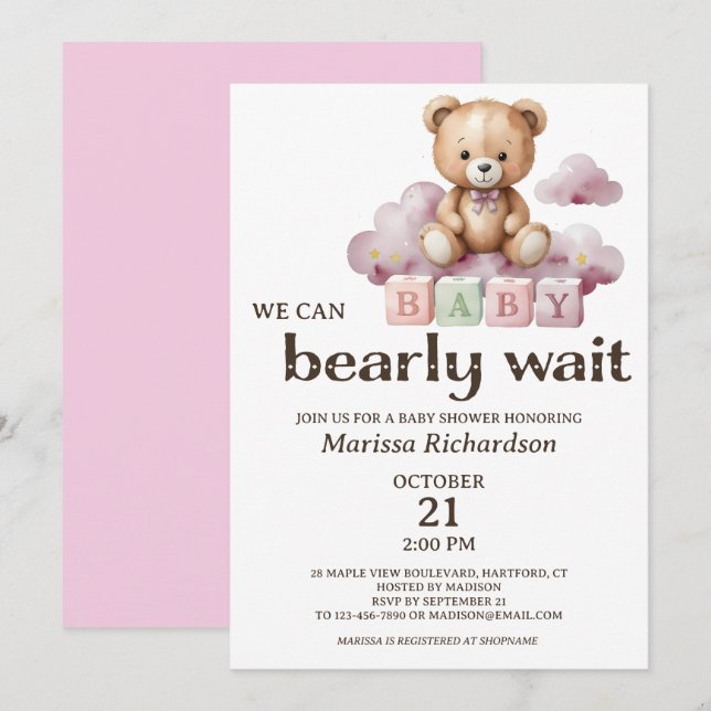 Convite Podemos Esperar O Chá de fraldas Do Urso De Teddy (Frente/Verso)