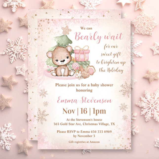Convite Podemos Esperar O Chá de fraldas Rosa Do Urso De N (We Can Bearly Wait Christmas Bear Pink Baby Shower Invitation)