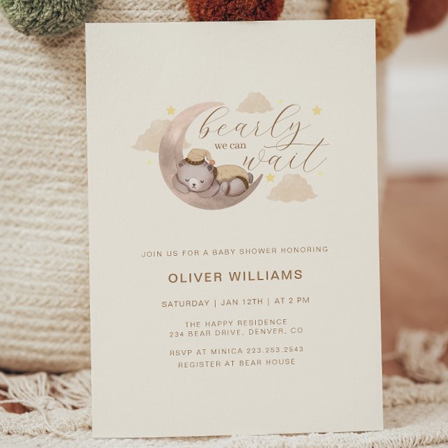Convite Podemos Esperar O Cub Bear Moon Star Chá de fralda (We Can Bearly Wait Cub Bear Moon Star Baby Shower Invitation)