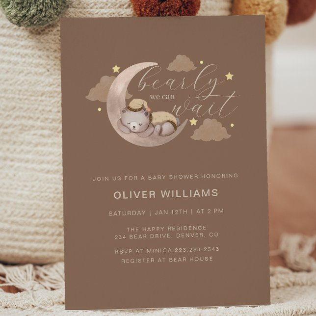 Convite Podemos Esperar O Cub Brown Moon Star Chá de frald (We Can Bearly Wait Cub Brown Moon Star Baby Shower Invitation)