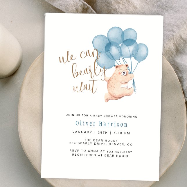 Convite Podemos Esperar Um Chá de fraldas De Balão De Urso (We Can Bearly Wait Cute Bear Balloon Baby Shower Invitation)