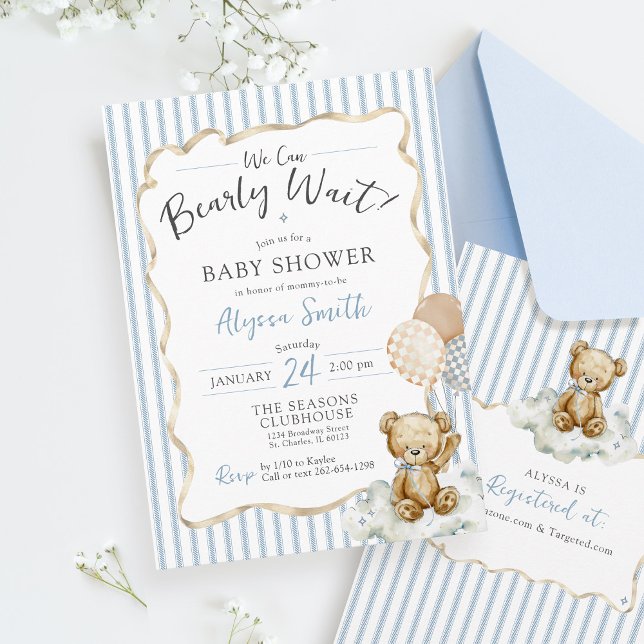 Convite Podemos Esperar Um Chá de fraldas Do Urso De Aquar (Cute watercolor teddy bear checker balloons blue stripe ribbon bow frame baby boy shower invitations)