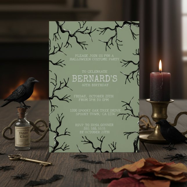 Convite Poderoso como o Aniversário do Oak Spooky Adulto (Spooky Oak Trees Halloween Birthday Invitation for Him. Black & White Scary Oak Tree Illustration)