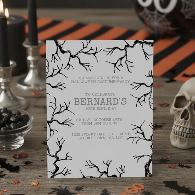 Convite Poderoso como o Aniversário do Oak Spooky Adulto (Spooky Oak Trees Halloween Birthday Invitation for Him. Black & White Scary Oak Tree Illustration)