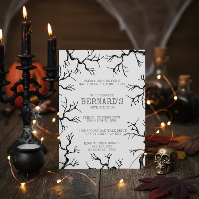 Convite Poderoso como o Aniversário do Oak Spooky Adulto (Spooky Oak Trees Halloween Birthday Invitation for Him. Black & White Scary Oak Tree Illustration)