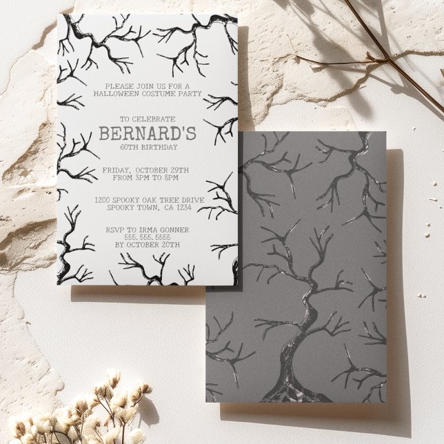 Convite Poderoso como o Aniversário do Oak Spooky Adulto (Spooky Old Oak Trees Hand-Drawn in Black Ink Perfect for an Over the Hill Haunted Birthday Party.)