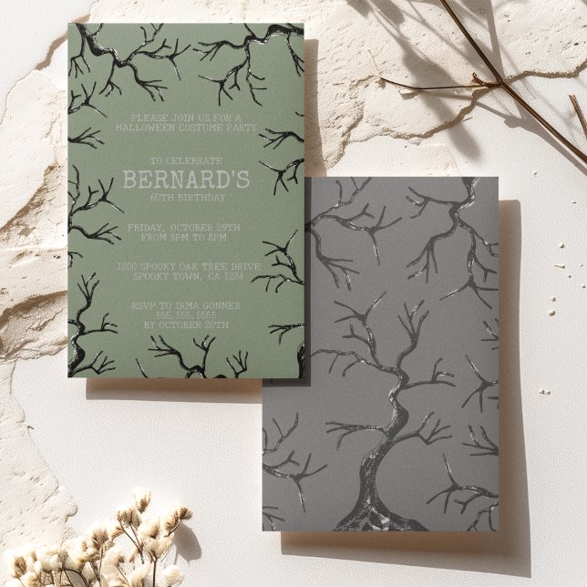 Convite Poderoso como o Aniversário do Oak Spooky Adulto (Spooky Old Oak Trees Hand-Drawn in Black Ink Perfect for an Over the Hill Haunted Birthday Party.)