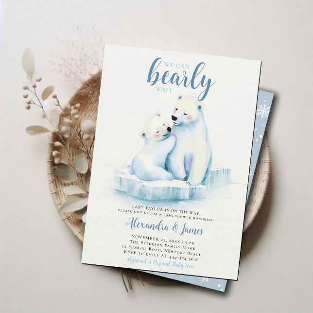 Convite Podia Esperar Polar, Mãe, Cubo, Chá (we can bearly wait baby boy shower invitation winter polar mom bear cub cute sweet animal blue white)