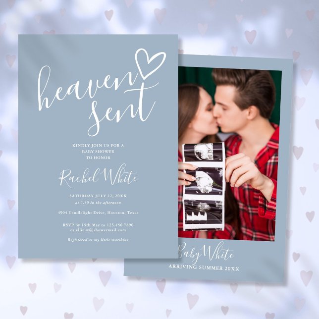 Convite Poeira Azul Celestial Foto Menino Chuvada de Bebê (Heaven Sent Dusty Blue Photo Boy Baby Shower Invitation)