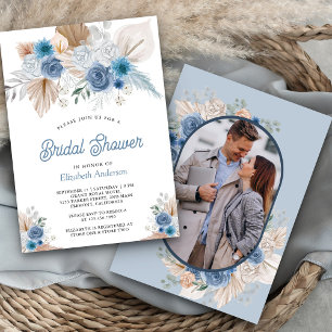 Convite Poeira Azul Floral Boho Pampas Foto Chuveiro de No