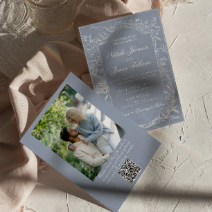 Convite Poeira Azul Floral Chique Código QR Foto Casamento