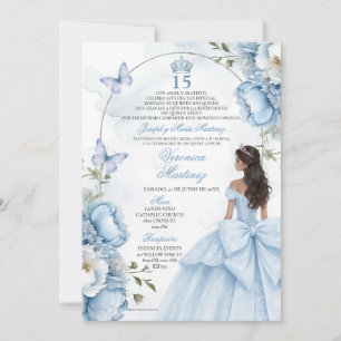 Convite Poeira Azul Floral Princesa Prata 15 Anos Espanhol
