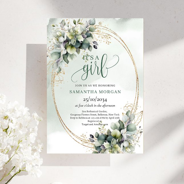 Convite Poeira Boho Verde Eucalipto É Uma Menina (Boho Dusty Green Eucalyptus Leaves Style It’s A Girl Invite)