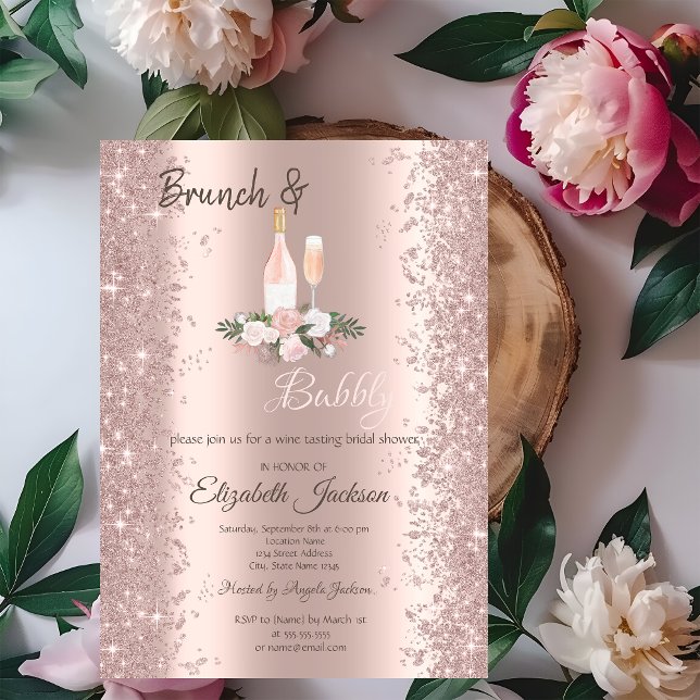 Convite Poeira de Brilho Dourado Rosa Brunch Rosas Chá de  (Criador carregado)