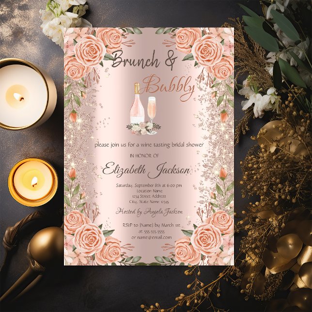 Convite Poeira de Brilho Dourado Rosa Brunch Rosas Chá de  (Criador carregado)