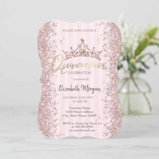 Convite Poeira de Brilho Dourado Rosa Coroa Listras Rosa (Em pé/Frente)