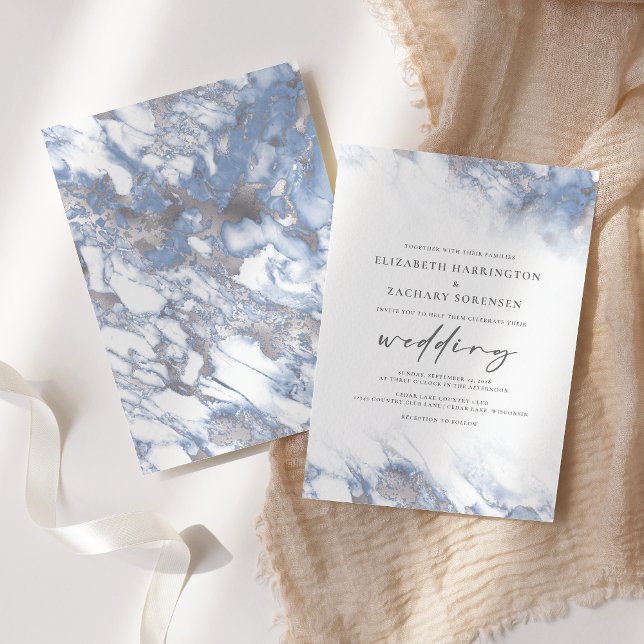 Convite Poeira de Mármore Azul Chic Casamento Prata (Criador carregado)