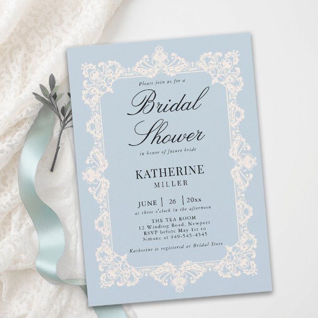 Convite Poeira de Renda Azul Creme Clássico Moderno Chá de (lace bridal shower theme modern classic invitation something blue elegant brunch tea template)