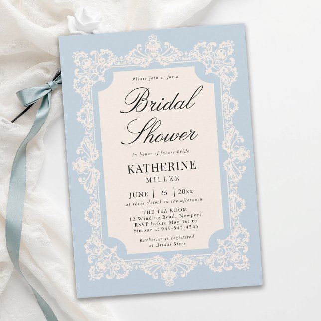 Convite Poeira de Renda Azul Quadro Moderno Clássico Chá d (lace bridal shower ideas modern classic invitation something blue elegant brunch tea template)