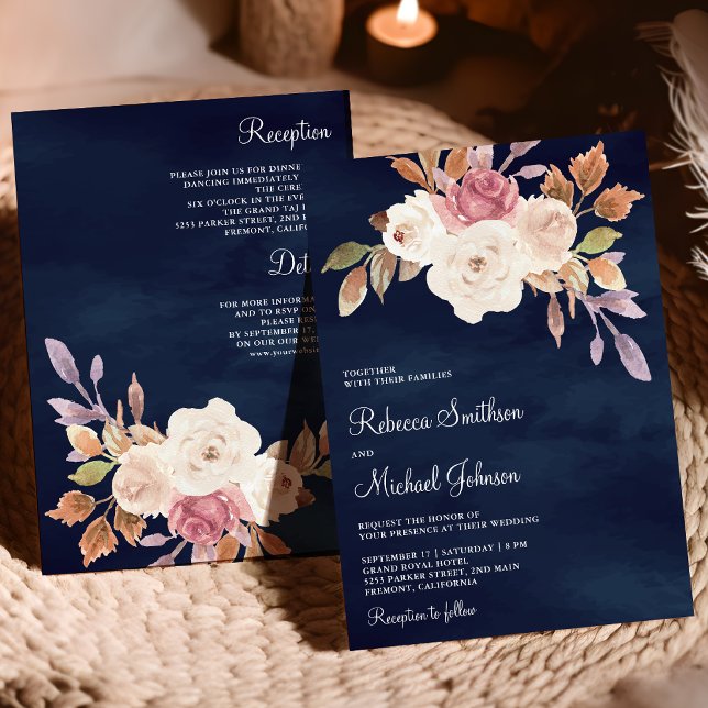 Convite Poeira de Rosa Marfim Floral Combinado em Azul Mar (Criador carregado)