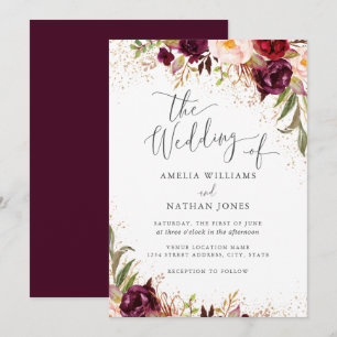 Convite Poeira Dourada Casamento Floral Outono Borgonha
