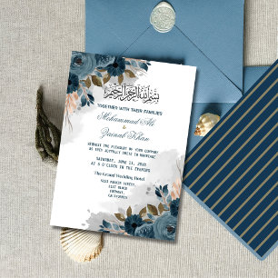 Convite Poeira Floral Azul Walima Casamento Islâmico