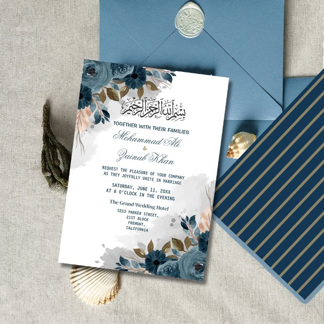 Convite Poeira Floral Azul Walima Casamento Islâmico (Criador carregado)