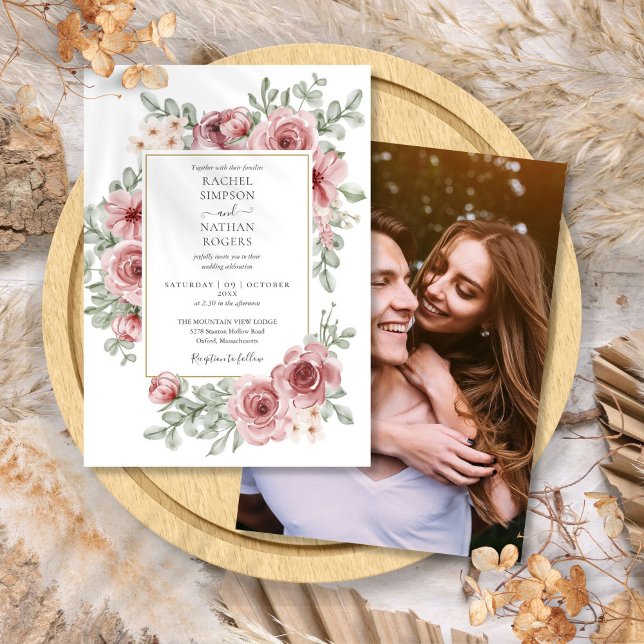 Convite Poeira Floral Elegante Rosa Dourado Casamento Foto (Elegant Floral Dusty Rose Gold Wedding Photo Invitation)