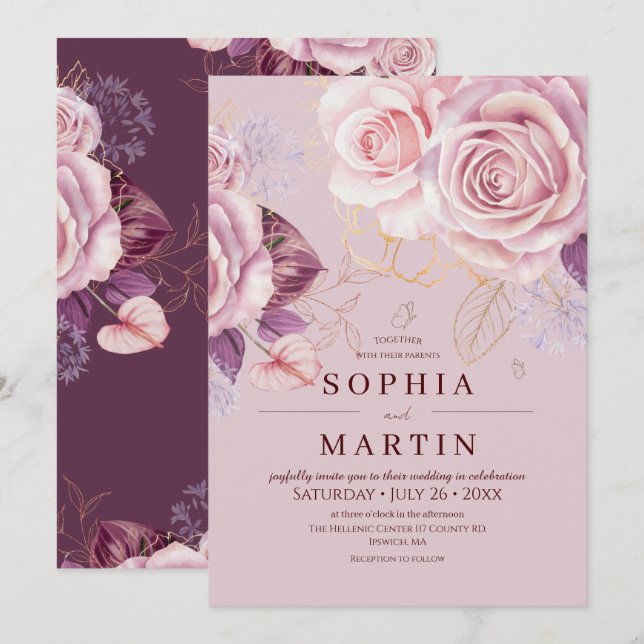Convite Poeira Floral Rosa Boho Casamento  (Frente/Verso)