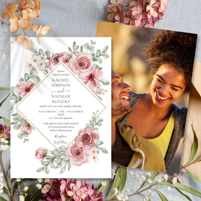 Convite Poeira Floral Rosa Dourado Geométrico Foto de Casa (Floral Dusty Rose Gold Geometric Wedding Photo Invitation)
