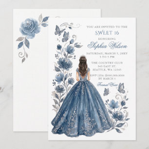 Convite Poeira Prateada Azul Floral Princesa Sweet 16