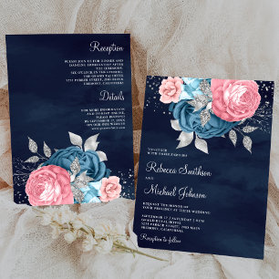 Convite Poeira Rosa Azul Floral Tudo em Um Casamento Azul