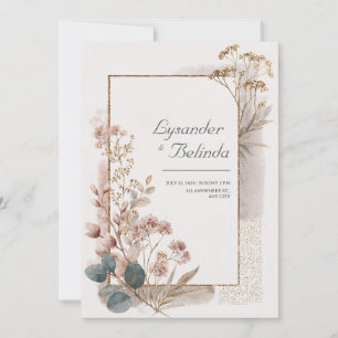 Convite Poeira Rosa Dourado Folha de Eucalipto Casamento