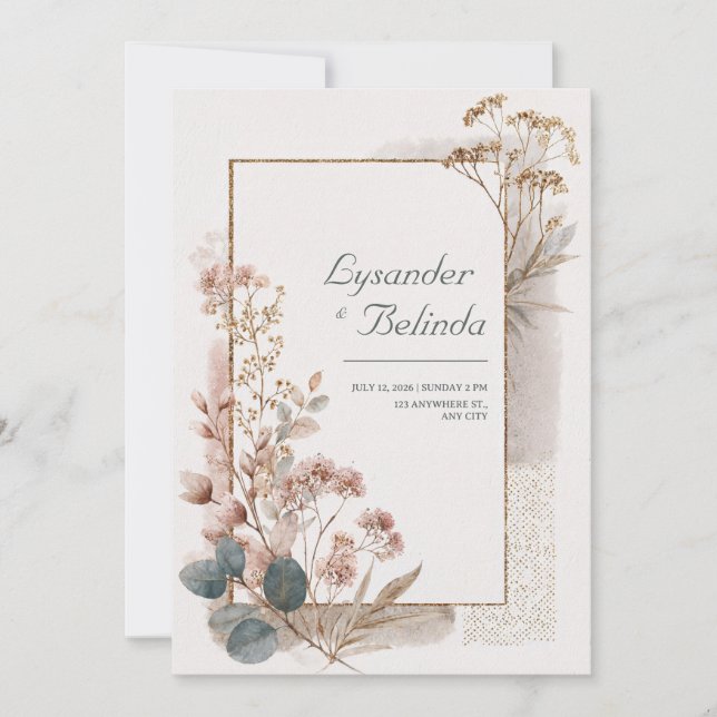 Convite Poeira Rosa Dourado Folha de Eucalipto Casamento (Frente)