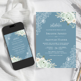 Convite Poeirento Azul Sage Verde Floral Renda Casamento M