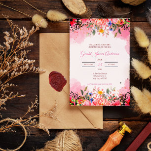 Convite Poema de Batismo de Aquarela Floral Rosa Elegante