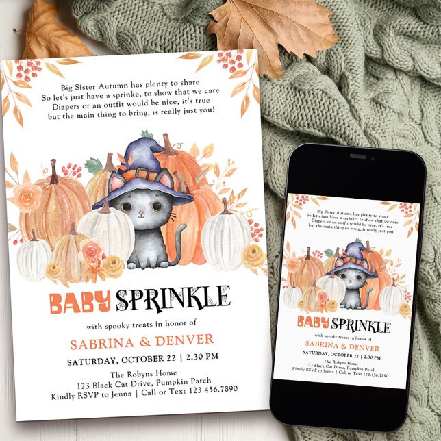 Convite Poema de Chuveirinho de Bebê Gato em Chapéu de Bru ( Cute baby sprinkle baby shower invtation with adorable black cat in a pumpkin patch)