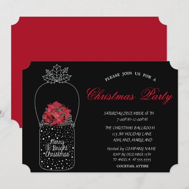 Convite Poindettia, Festa de Natal Corporativa Mason Jar (Frente/Verso)
