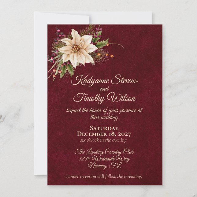 Convite Poinsettia & Berries Casamento Elegante (Frente)