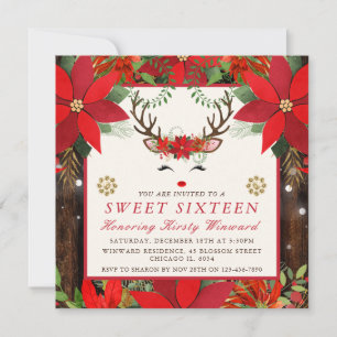 Convite Poinsettia de Natal Elegante Rena Sweet 16