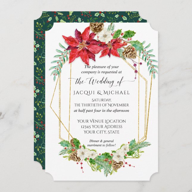 Convite Poinsettia de Natal Red Dourada Terrarium Watercol (Frente/Verso)