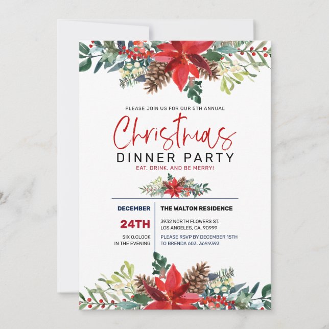 Convite Poinsettia de Natal Vermelho e Folhagem do inverno (Frente)