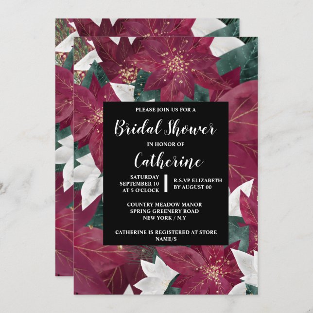 Convite Poinsettia faux dourado folha vermelha branco flor (Frente/Verso)